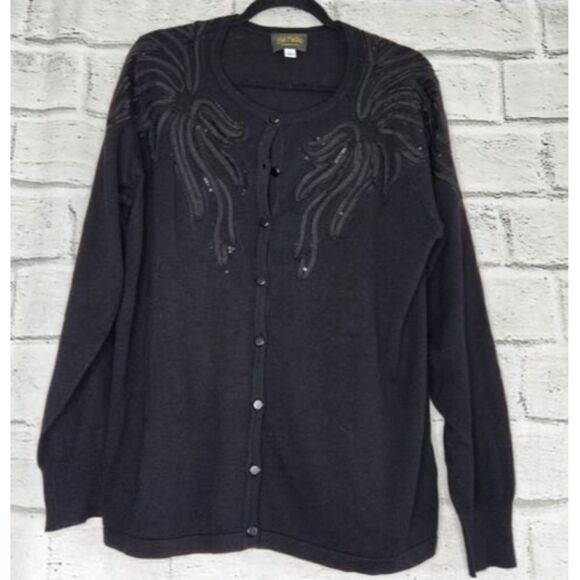 Bob Mackie Wearable Art Solid Black Sequin Button Cardigan Sweater Womens Large - Picture 1 of 7